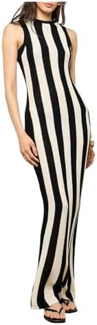Milumia Women's Striped Knit Maxi Tank Dress Crew Neck Sleeveless Long Bodycon Dresses | Amazon (US)