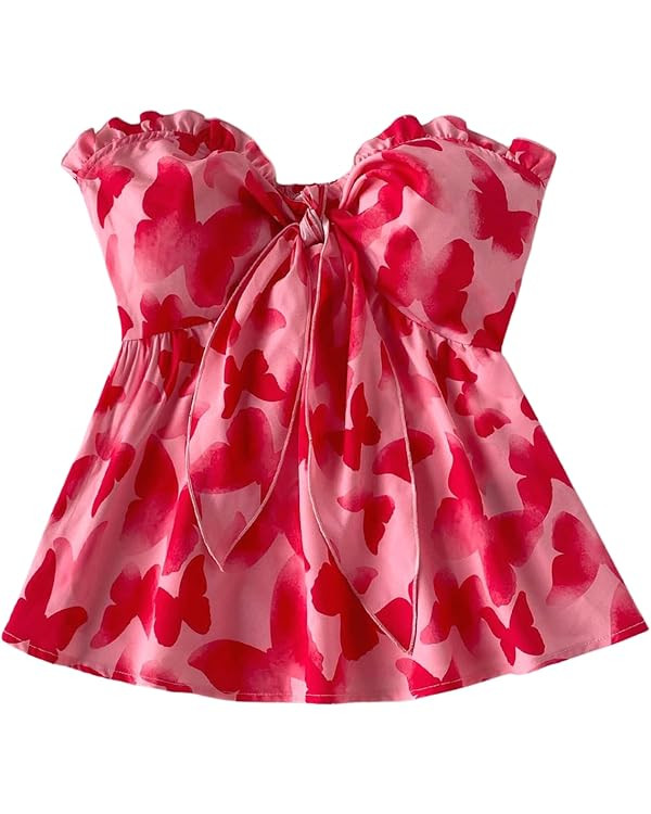 MakeMeChic Women's Boho Butterfly Print Knot Tie Front Strapless Tube Top Ruffle Hem Bandeau Summ... | Amazon (US)