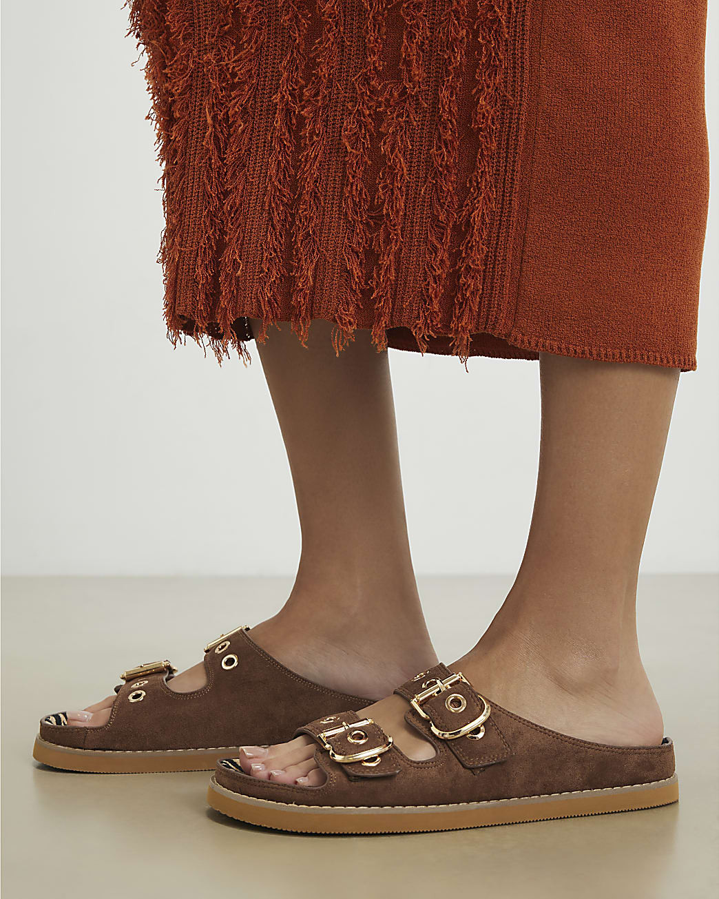 Brown Animal Footbed Double Strap Sandals | River Island UK & IE