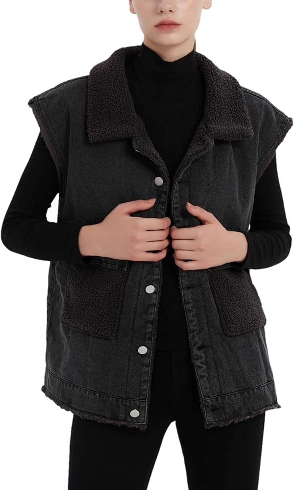 Womens Sherpa Fleece Lined Denim Vest Loose Sleeveless Wool Warm Jean Jacket Waistcoat Outwear Gi... | Amazon (US)