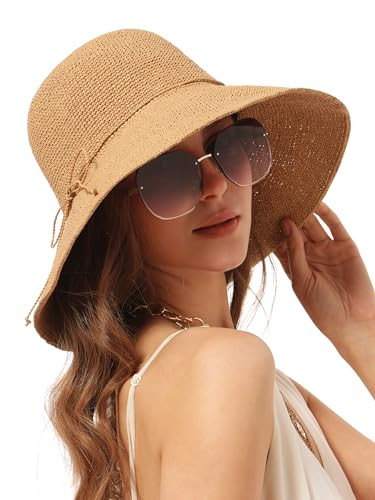 Women's Straw Sun Bucket Hat Wide Brim Packable UV Protection Travel Summer Cap for Beach UPF 50+(One Size,Khaki) | Amazon (US)