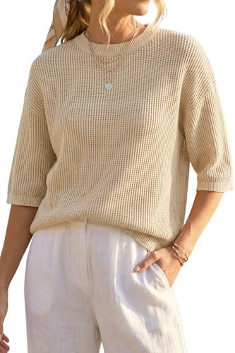 Arach&Cloz Womens 100% Cotton 3/4 Length Sleeve Shirts Summer Crochet Tops Relaxed Fit Casual Tre... | Amazon (US)