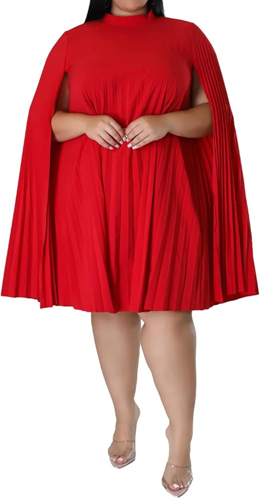 Rodawu Women's Plus Size Elegant Cloak Sleeve Cape Pleated Loose Knee Length Dress for Wedding Gu... | Amazon (US)