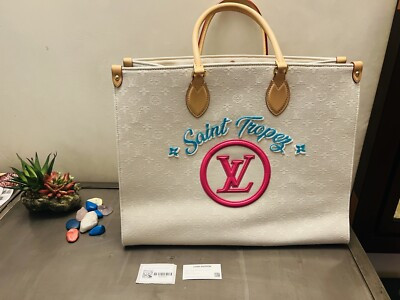 St Tropez Louis Vuitton onthego GM white Jacquard Shoulder BAG Large Resort NEW | eBay US
