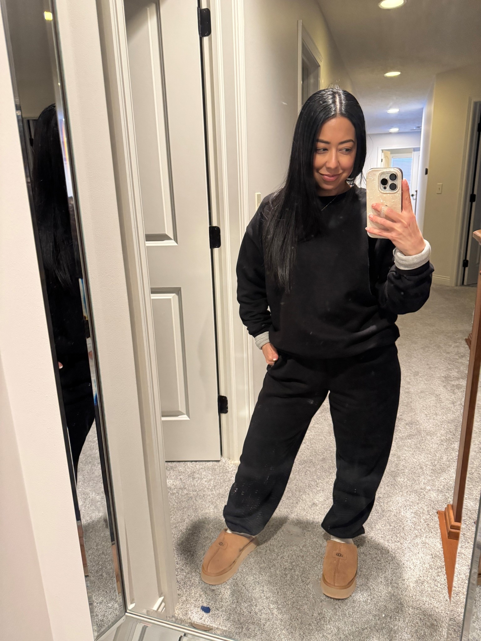 Black joggers sweatpants -size small TTS. 
Black crewneck sweatshirt - size small TTS. 
Both have fleece inside and are super soft, cozy, and warm. 
Reminds me so much of my Alo accolade sweatpants and crewneck sweatshirt. 
I’m wearing a nuuds ribbed crewneck long sleeved shirt underneath. Super comfy. ***I found a Walmart version that is almost as good & I love it especially because it is so affordable comparatively!!!*** A MUST IN SEVERAL COLORS!
My entire recent Walmart order was so so good and so affordable!
Linking my entire order and exact outfit items  
Sweat set. Matching set. 

#LTKPetite #LTKmomlife #LTKdayinmylife
