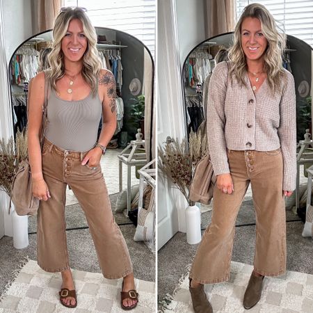 Brown cropped jeans - wearing a 30 long, available in 5 lengths
Bodysuit- large, long torso friendly 
Sweater - medium, can size up or down depending on how you want it to fit

#LTKmidsize #LTKstyletip #LTKsalealert