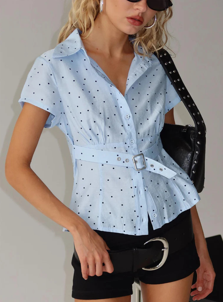 Esteem Buckle Detail Short Sleeve Shirt Blue Polka | Princess Polly US