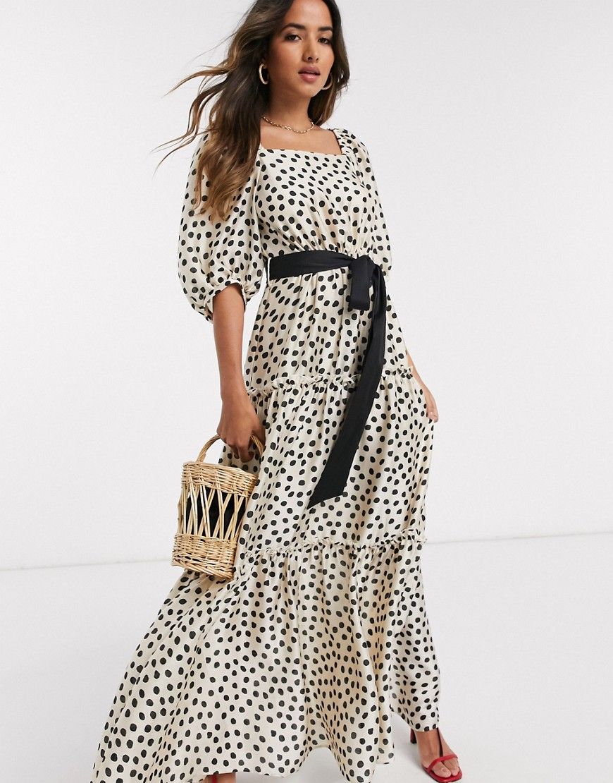 Mango tiered volume sleeve maxi dress in polka dot-White | ASOS (Global)