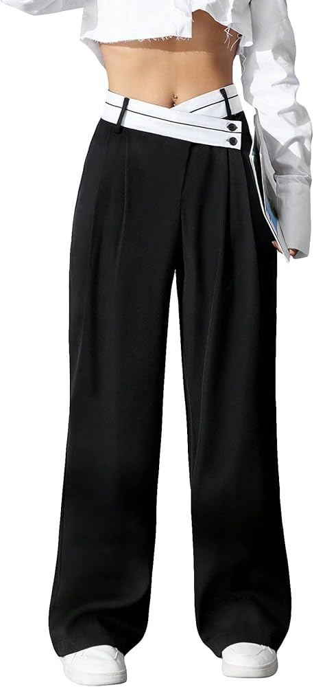 Verdusa Women's Color Block Asymmetrical High Waist Button Trousers Straight Leg Long Pants | Amazon (US)