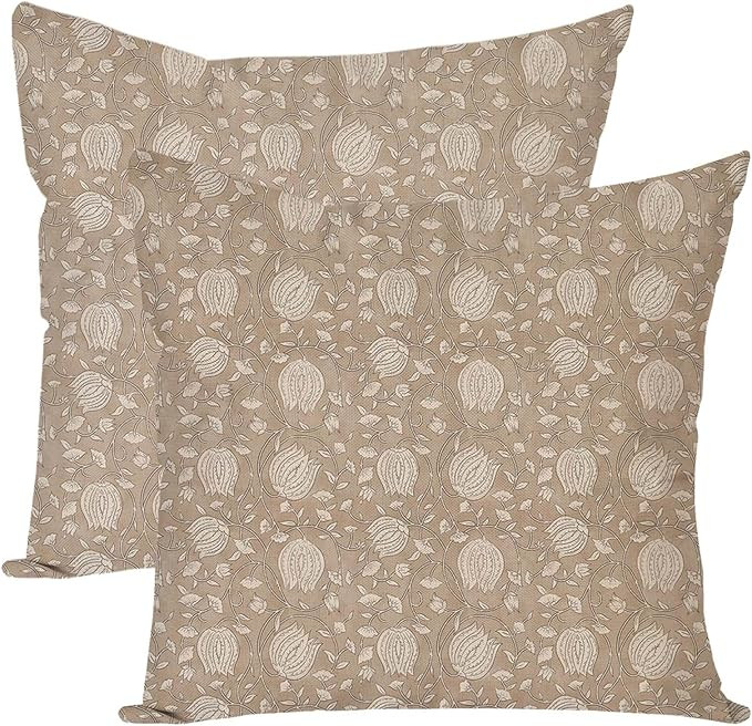 Vintage Floral Block Print Decorative Throw Pillow Covers 18x18 Inch Set of 2 Pale Brown Outdoor ... | Amazon (US)