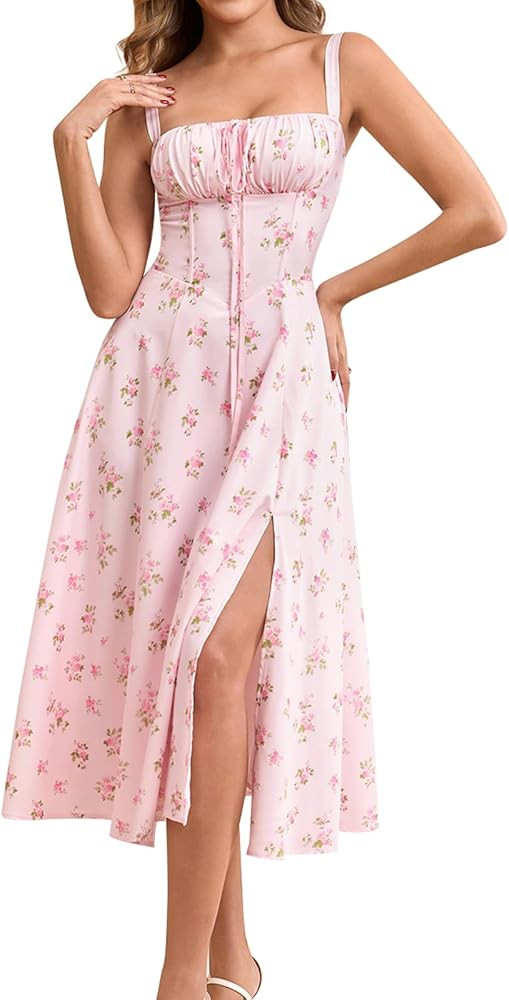 Floral Midi Corset Dress Wedding Guest Flowy Slit Lace Up Dresses for Women Tea Party A Line Casu... | Amazon (US)