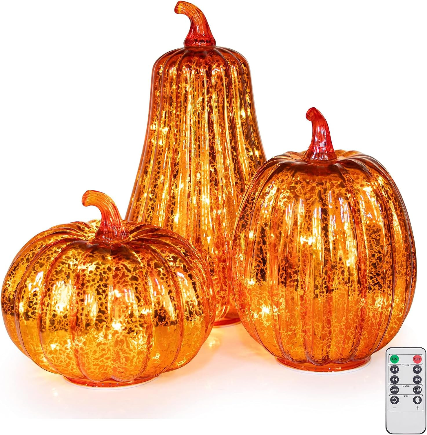 KI Store Glass Pumpkin with Lights and Timer Set of 3 Lighted Mercury Glass Pumpkins for Fall Halloween Thanksgiving Decorations Battery Operated | Amazon (US)