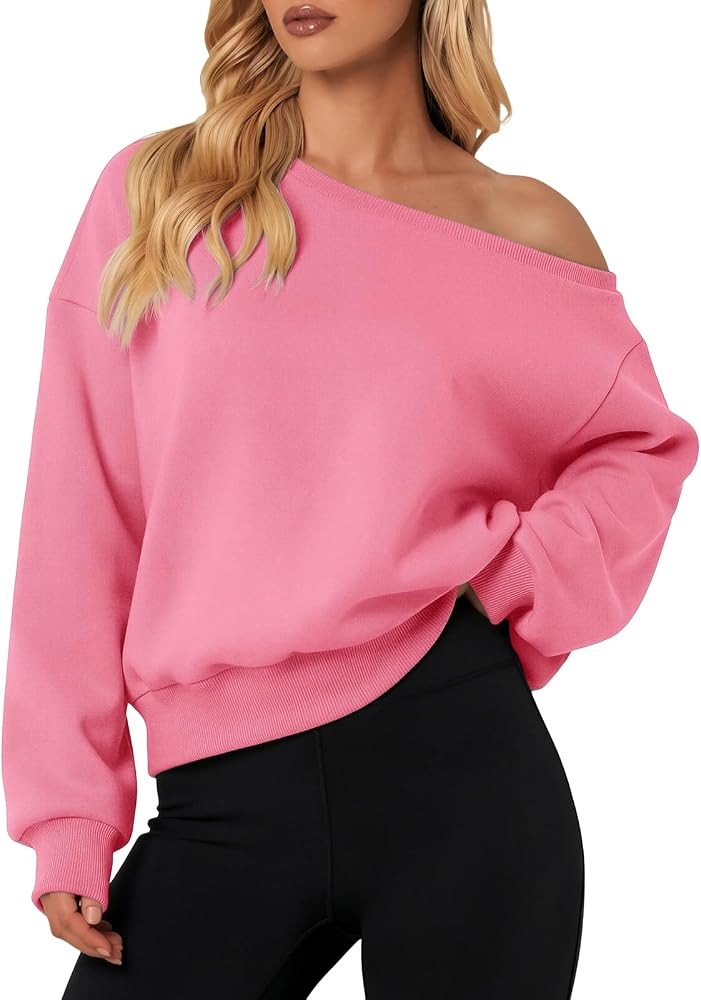 ATHMILE Womens Off the Shoulder Sweatshirt Fleece Long Sleeve Crop Top | Amazon (US)