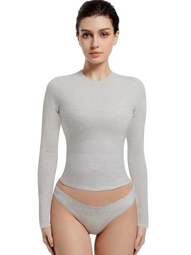 Abonlen Long Sleeve Shirts for Women Crewneck Basic Tees T Shirts Fitted Crop Tops Y2k Going Out Tops (Gray,Large) | Amazon (US)