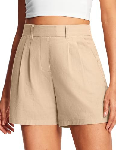 ISEEGZ 5" Linen Shorts for Women Elastic Waist Relaxed Fit Women's Dressy Pleated Shorts with Pockets Business Casual Khaki | Amazon (US)