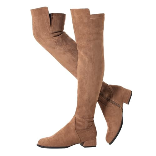 Mtzyoa Over Knee Boots for Women Brown Size 6.5 Flat Thigh High Low Winter Suede Stretch Above Knee Comfortable Cream Beige Boots | Amazon (US)