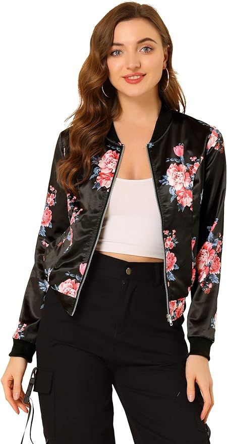 Allegra K Women's Stand Collar Zip Up Floral Print Bomber Jacket | Amazon (US)
