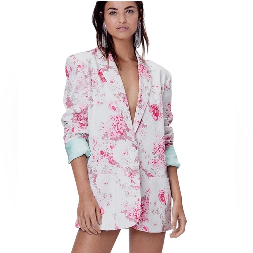 For Love & Lemons Weston Floral Printed Cotton Denim Blazer Size M | Poshmark