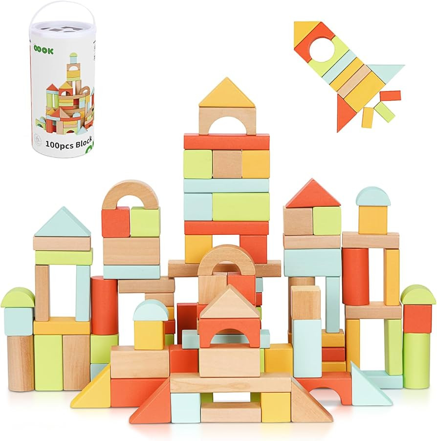 100pcs Building Blocks for Toddlers 1-3, Wooden Blocks for Kids with Storage Bucket and Shape Sor... | Amazon (US)