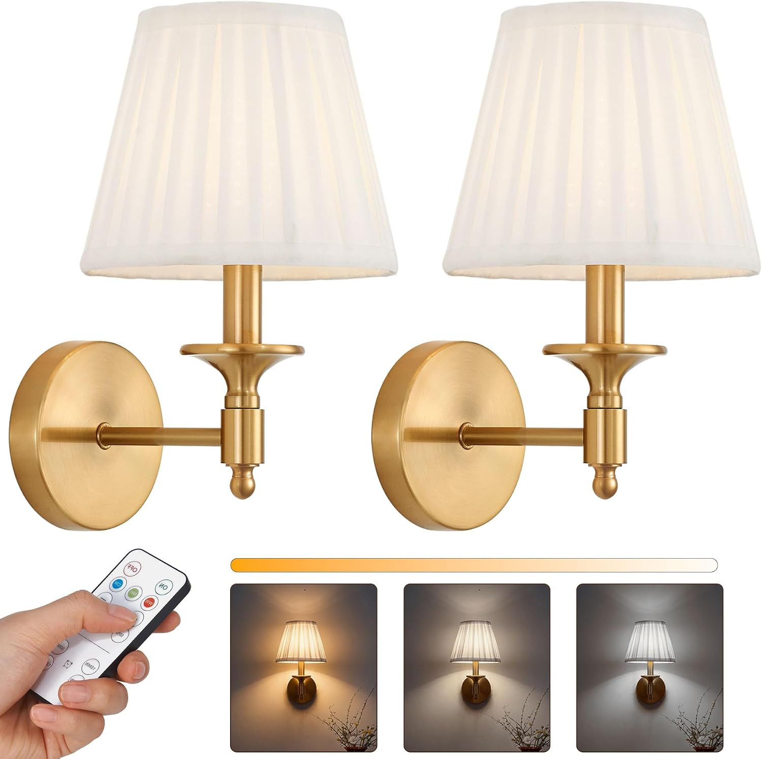 Battery Operated Wall Sconce Set of 2, Gold Wireless Wall Lights with 3 CCT Color Temperature & Dimmable Magnetic Bulb and Remote, Rechargeable Wall Decor Lamp for Bedroom Living Room Hallway | Amazon (US)
