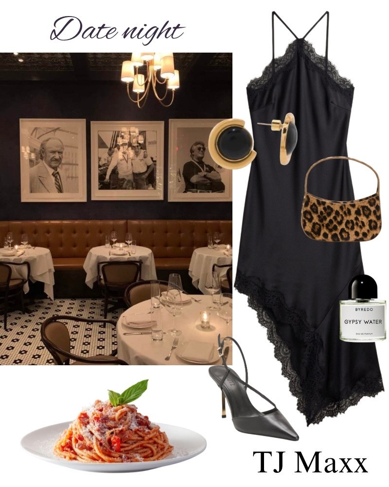 Date night outfit idea from TJ Maxx, black lace silk maxi dress, asymmetrical, leopard purse, heels, black and gold round earrings, gypsy water perfume.

#LTKootd #LTKSaleAlert #LTKBeauty