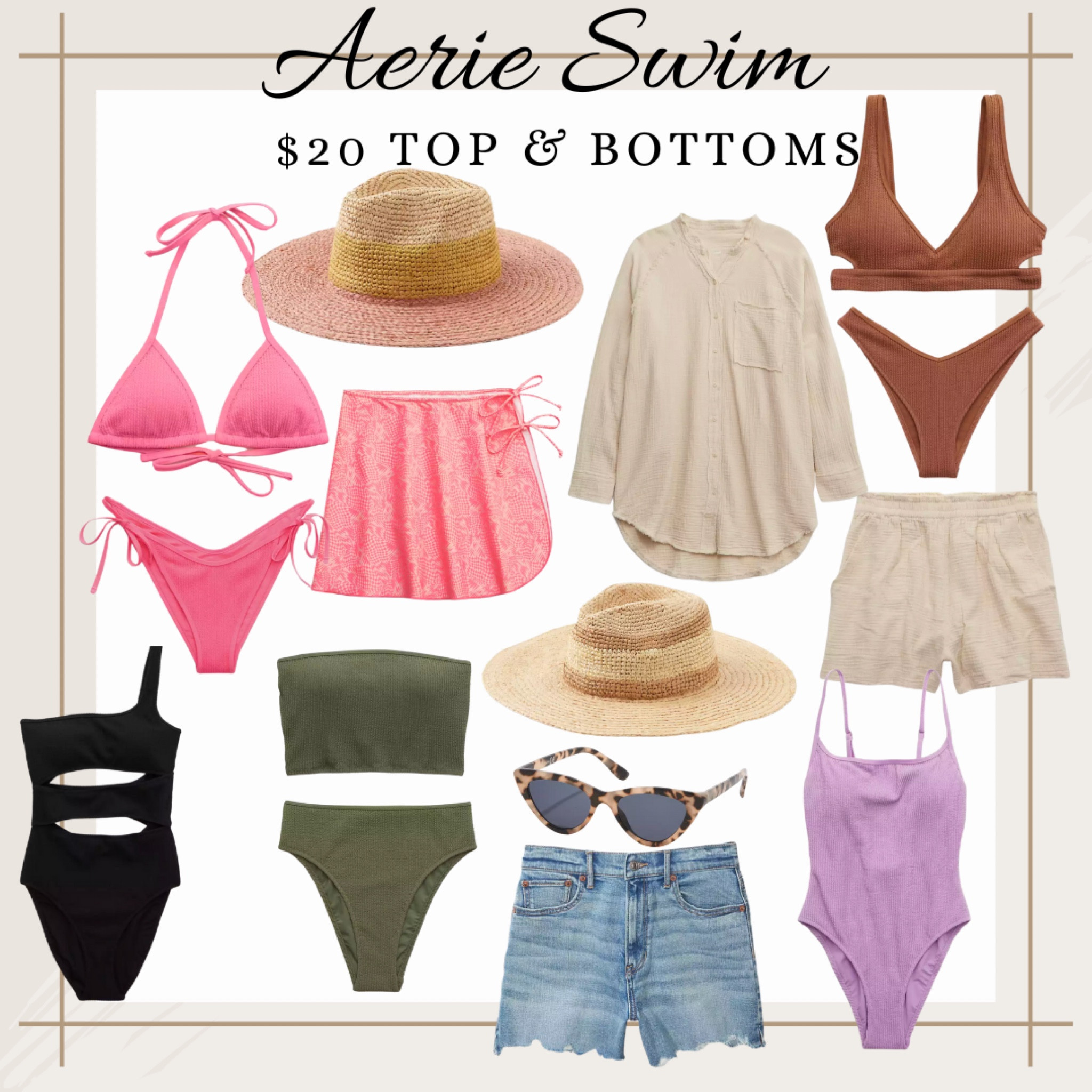 Aerie Swim Top & Bottoms are $20 they offer so many different types of bottoms with full coverage and high waist options. The cute matching sets and skirt coverups to make your swimsuit an outfit 👙#swim #swimsale #bikini #beach #pool #summertime 