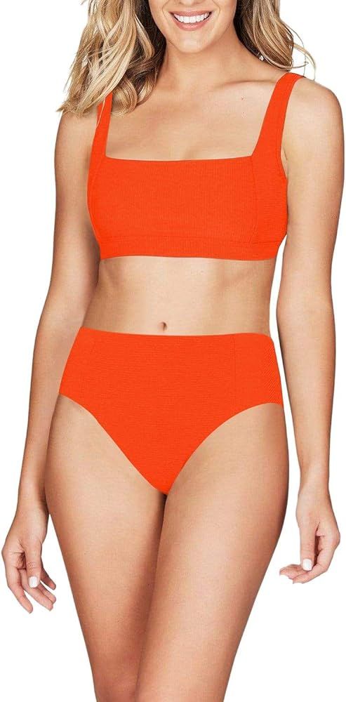 Women's High Waisted Ribbed Square Neck Cheeky Bikini 2 Piece Swimsuit Sexy Wide Strap | Amazon (US)