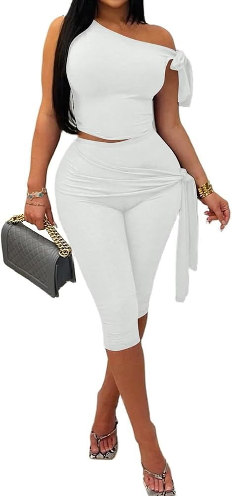 Amazon.com: Prekeewil Women's Sexy 2 Piece Outfits Off Shoulder Self Tie Crop Tops Capri Legging ... | Amazon (US)