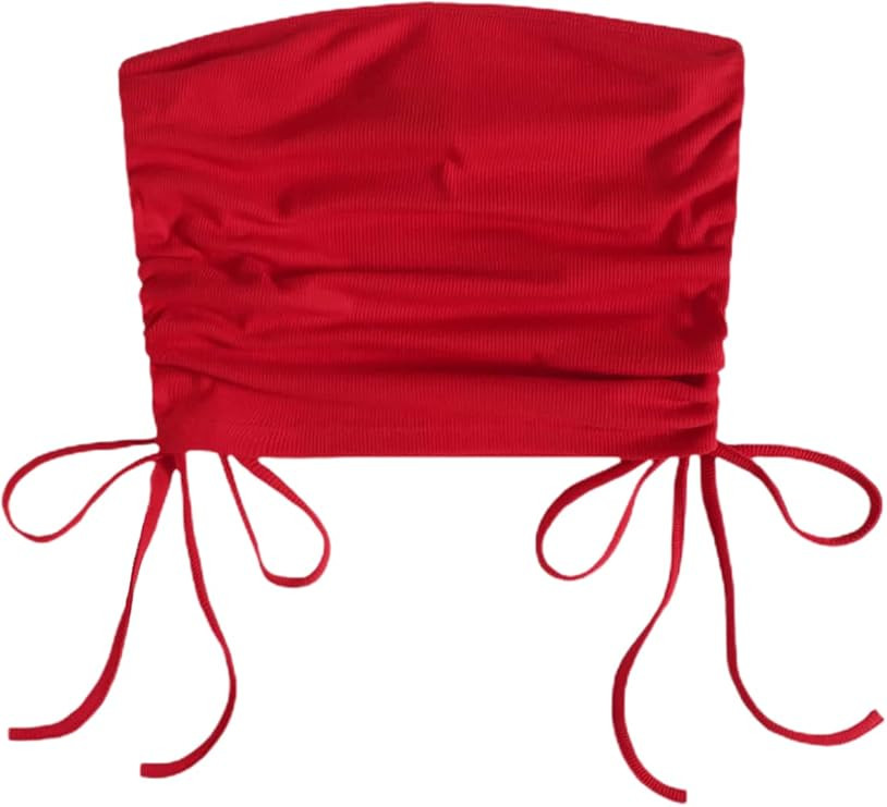 Romwe Women's Drawstring Ruched Strapless Bandeau Top Ribbed Knit Slim Fit Crop Tube Top | Amazon (US)