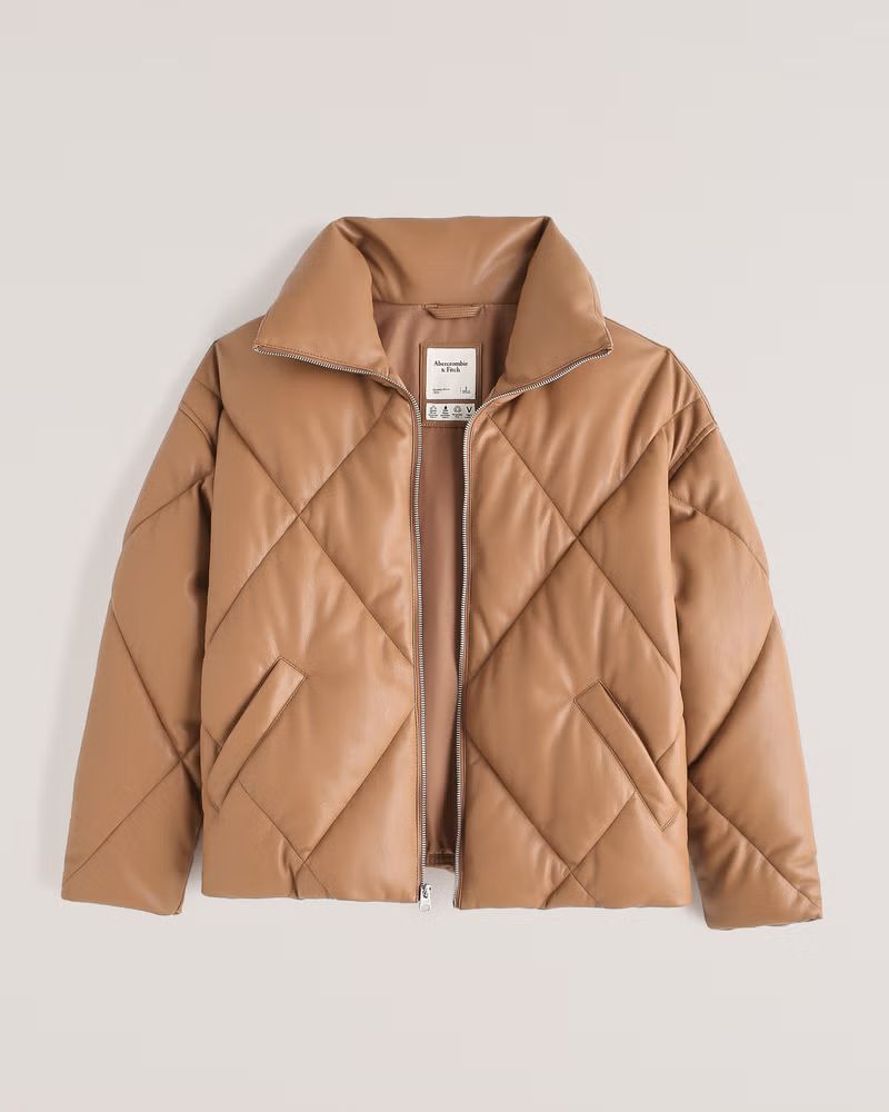 Abercrombie & Fitch Women's Oversized Vegan Leather Diamond Puffer in Light Brown - Size XS | Abercrombie & Fitch (US)