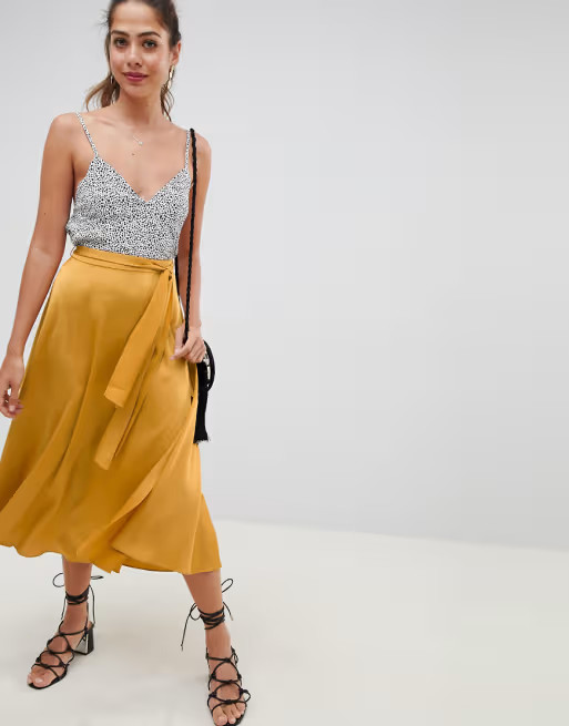 ASOS DESIGN satin midi skirt with self belt | ASOS US