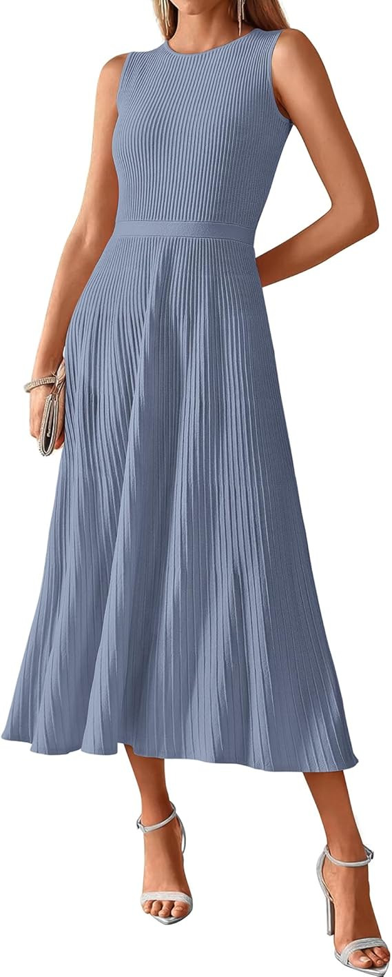 BTFBM Women Tank Midi Dress Summer Crewneck Sleeveless Pleated A Line Business Casual Formal Swea... | Amazon (US)
