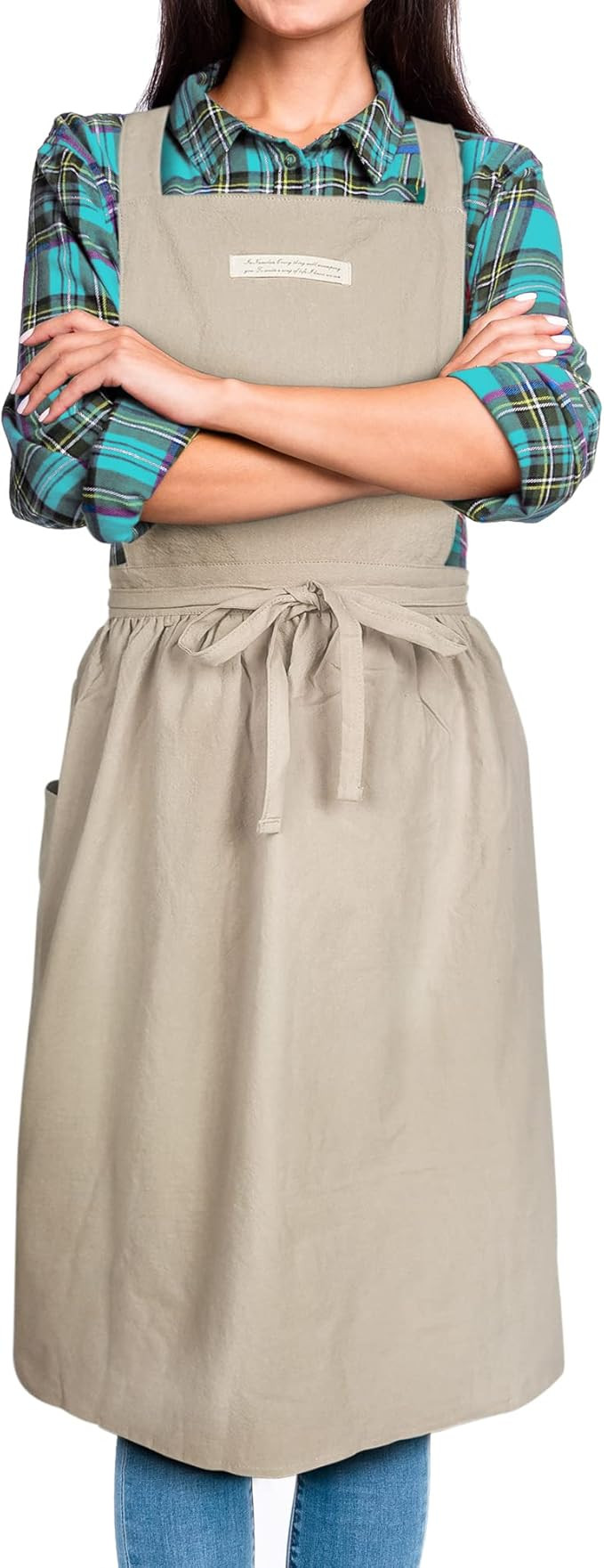 SPDYCESS Apron Cotton Linen Solid Color Japanese Style Pinafore with Pockets Cross Back Straps Ca... | Amazon (UK)