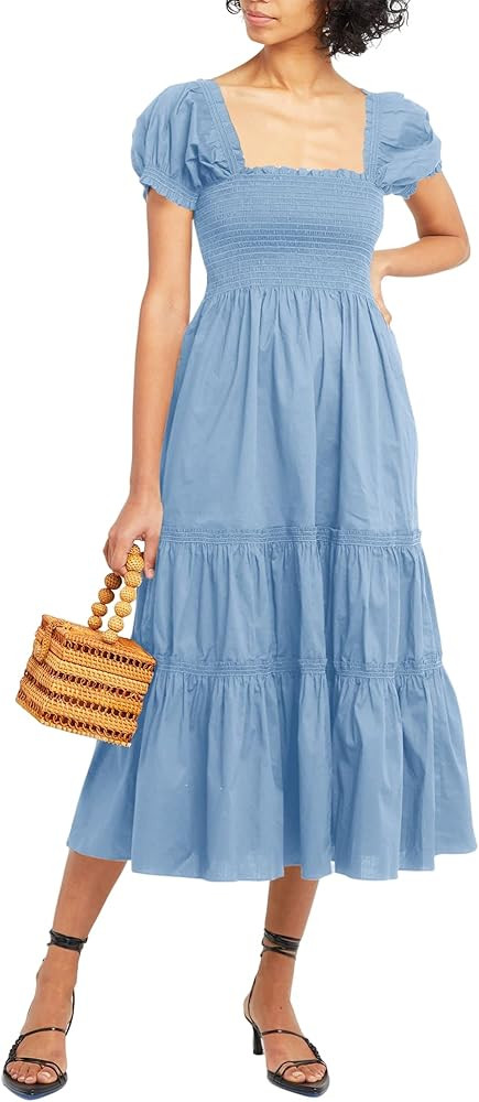 ZAFUL Womens Square Neck Short Puff Sleeve Smocked Tiered Ruffle A Line Midi Dress | Amazon (US)