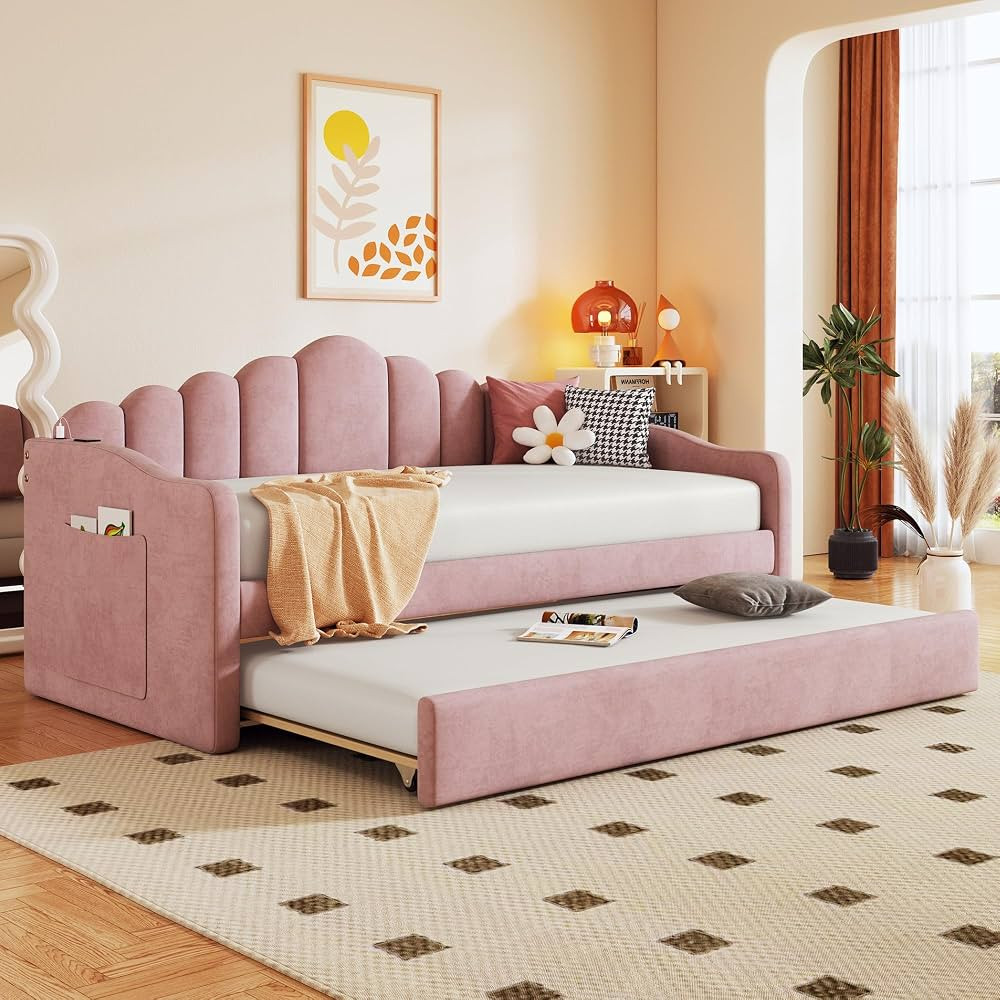 LostCat Twin Size Daybed with Trundle, Velvet Sofabed with USB Charging Ports, Upholstered Day Be... | Amazon (US)