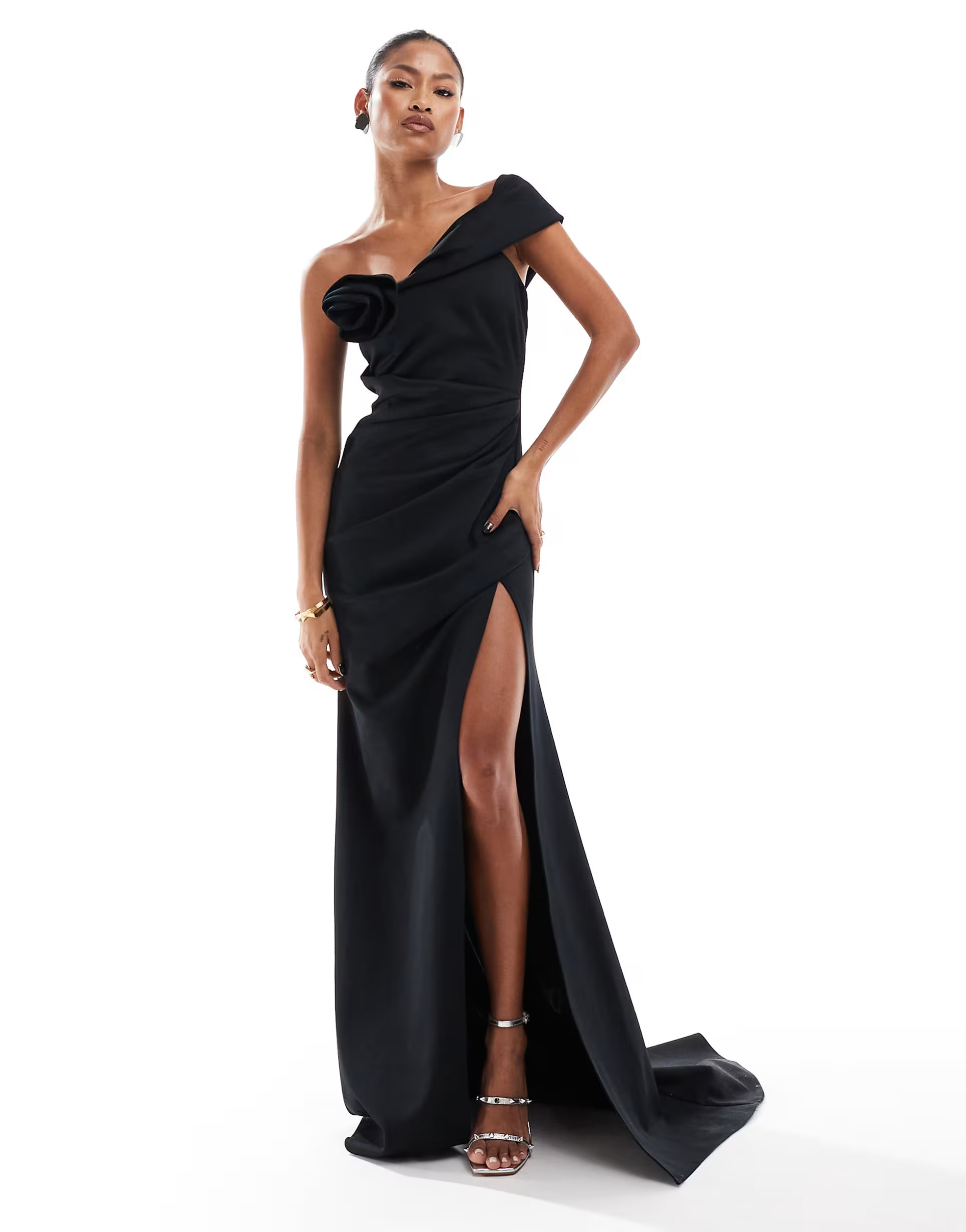 ASOS DESIGN premium off shoulder corsage maxi dress with train in black | ASOS (Global)