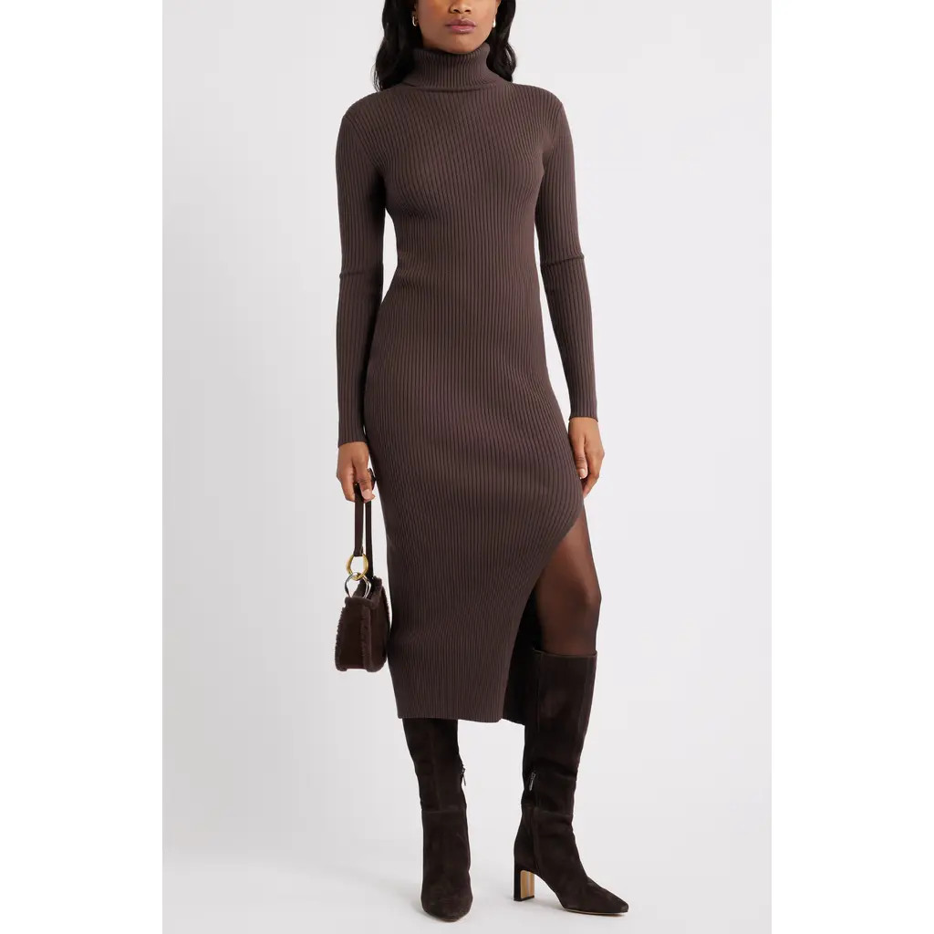 Open Edit Rib Long Sleeve Turtleneck Sweater Dress in Brown Seal at Nordstrom Rack, Size Xx-Small | Nordstrom Rack