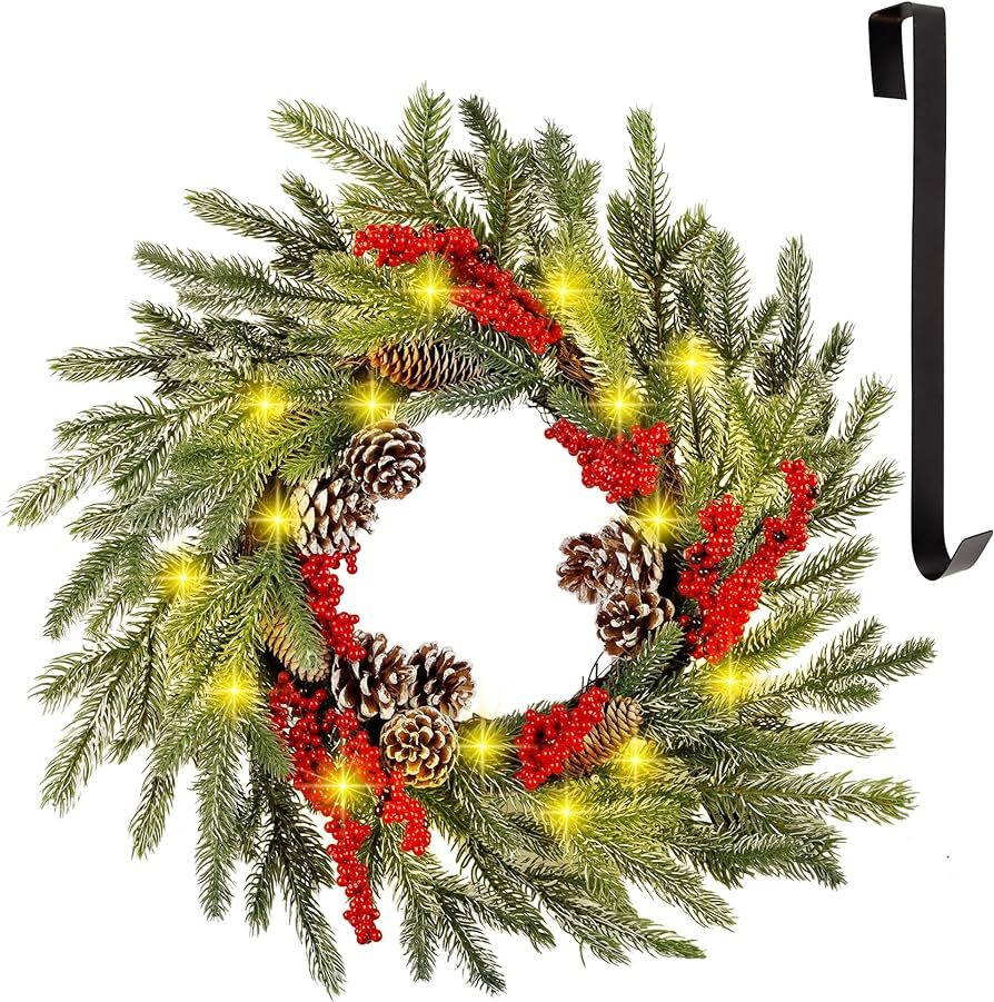 winemana 24 Inch Pre-Lit Christmas Wreath with Hanger, Timer, Pine Cone and Red Berries, Battery-... | Amazon (US)