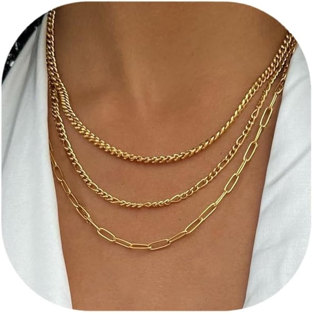 Gold Layered Necklaces for Women, 14K Gold Plated Dainty Gold Chain Choker Necklace Stack, Herrin... | Amazon (US)