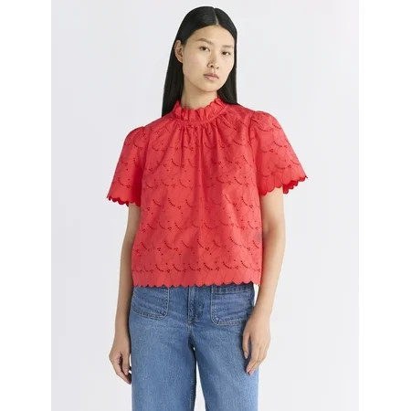 Free Assembly Women's Ruffle Cotton Eyelet Top with Short Sleeves, Sizes XS-4X | Walmart (US)