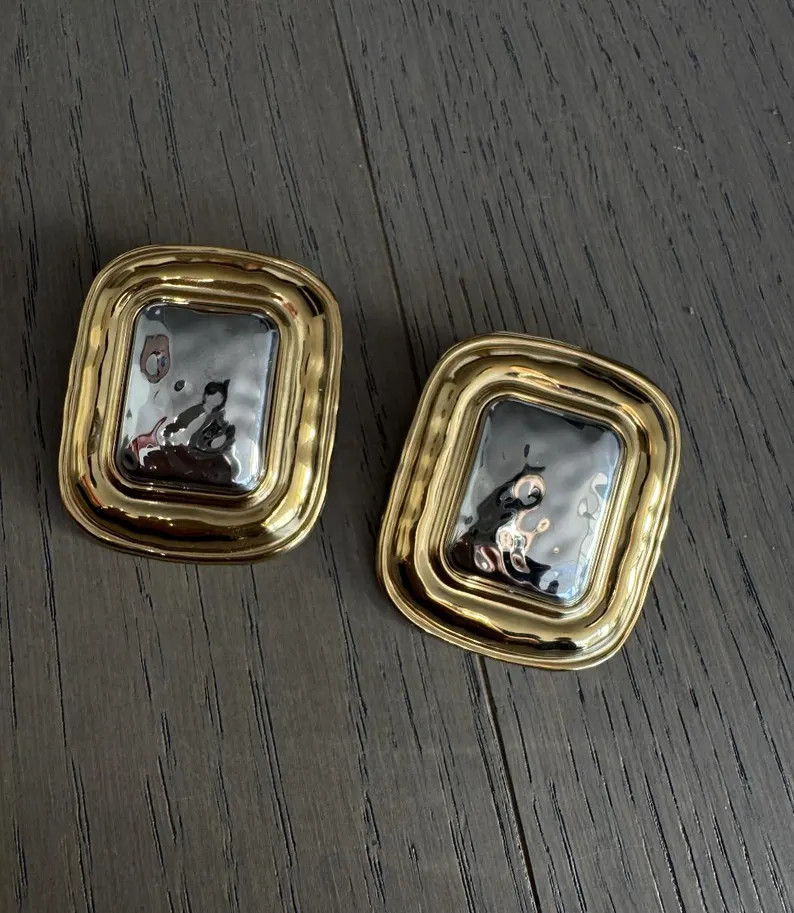 Two-Tone Gold and Silver Earrings, 18K Gold Plated, Chunky Statement Jewelry, Heaven Mayhem | Etsy (Global)