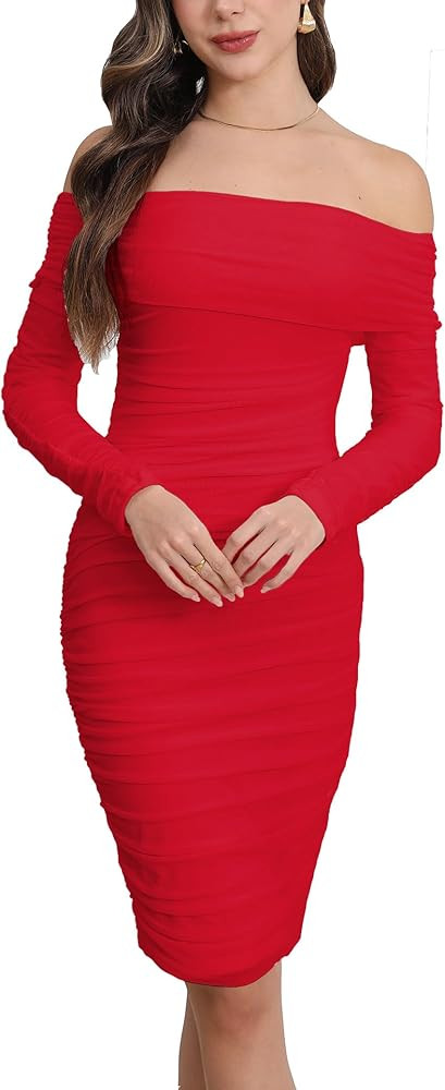 Women's Sexy Off Shoulder Sleeveless Bodycon Ruched Midi Elegant Cocktail Evening Party Night Tub... | Amazon (US)