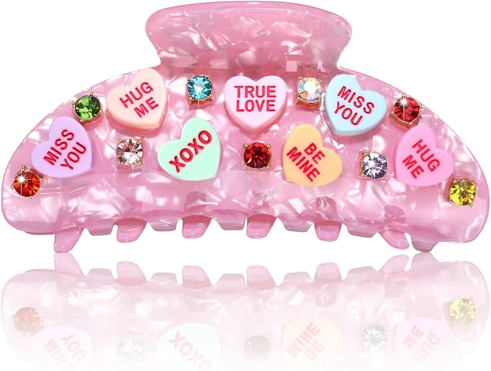 BVGA Valentines Hair Claw Clip for Women Large Oval Light Pink Embellished Crystal Candy Heart Ac... | Amazon (US)
