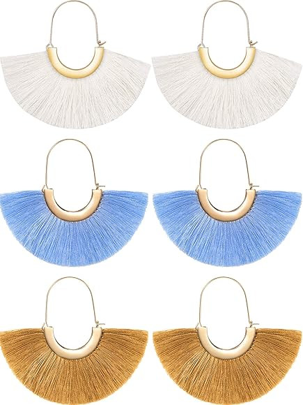 3 Pairs Silky Thread Fan Tassel Statement Hoop Earrings Lightweight Semi Circle Fan Threader Dang... | Amazon (US)