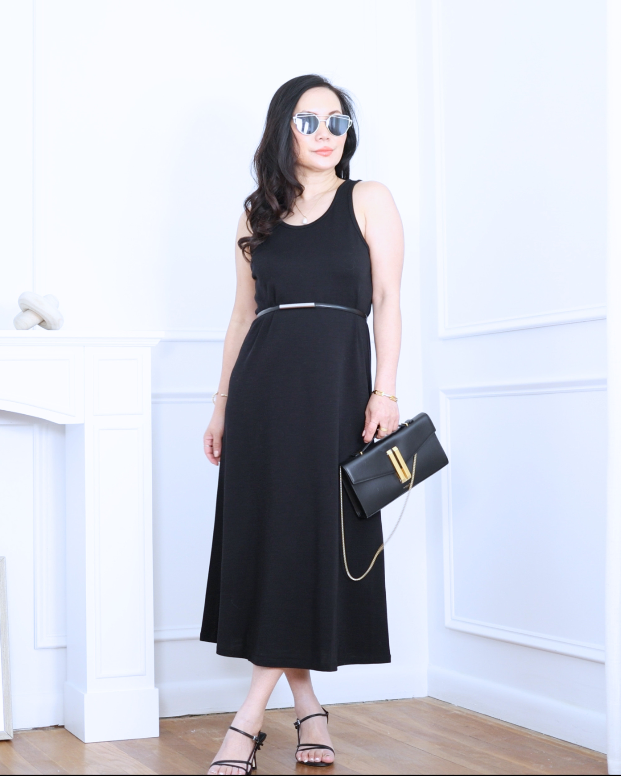 Black long dress from Unbound Merino styled with a thin black belt, a DeMellier clutch, and Quince strappy heeled sandals — sleek, refined, and effortlessly elegant for an elevated evening look. I'm 5'2, wearing size S. 

 #LTKootd #LTKOver40 #LTKPetite