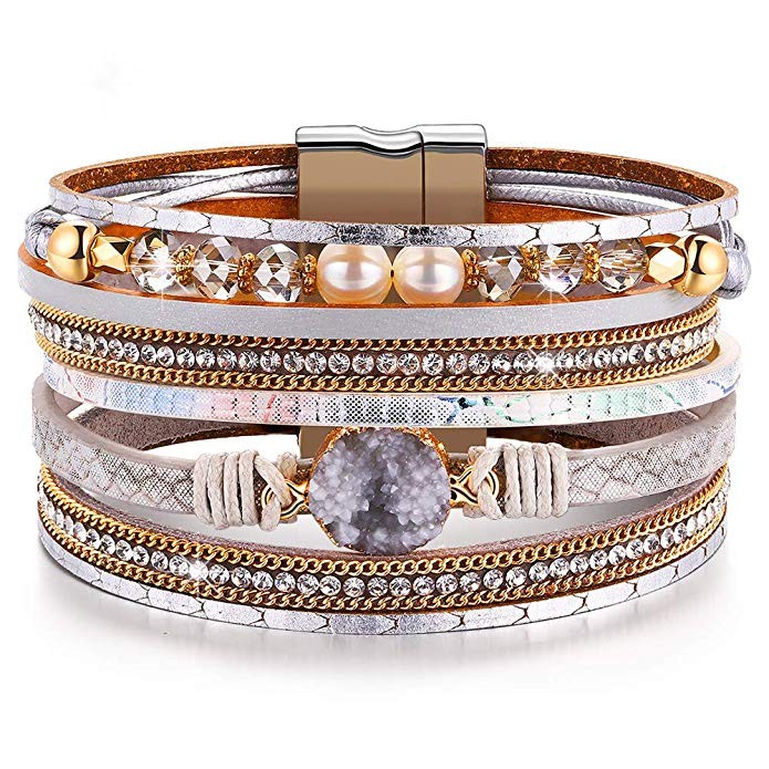 DESIMTION Wrap Boho Multilayer Leather Wide Cuff Handmade Wristbands Wrist Braided Magnetic Buckl... | Amazon (US)