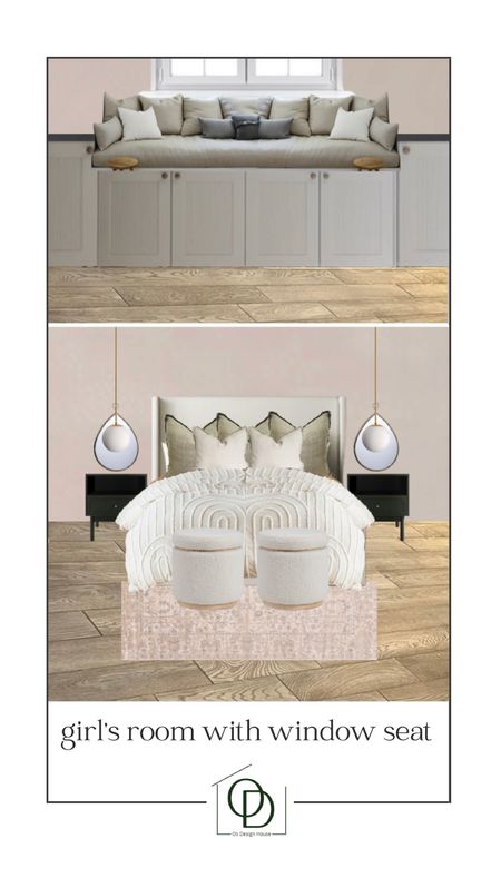 Little girl’s bedroom design board with limewash pink walls, a low profile upholstered bedframe, Boucle ottoman stools, a pink runner, hunter green nightstands, simple white globe pendants and gold frame teardrop mirrors  

#LTKhome #LTKFind #LTKkids