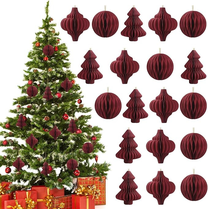 15 Pcs Burgundy Christmas Tree Decorations 3D Mini Paper Honeycomb Lantern Hanging Ornaments for ... | Amazon (US)