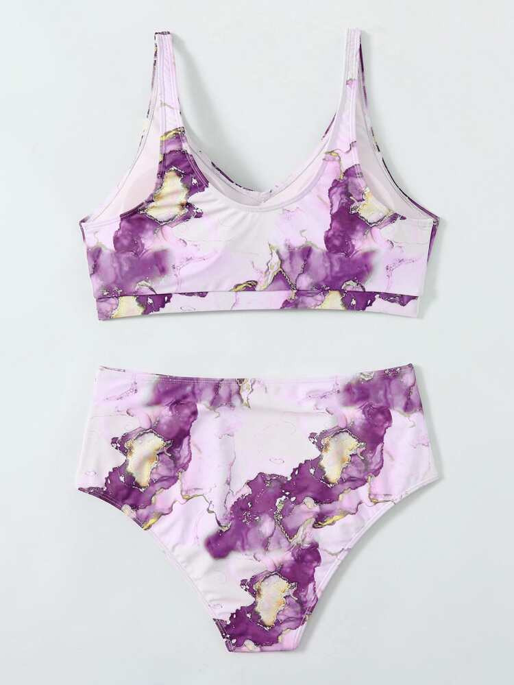 Plus Marble Print Ruched Bikini Swimsuit | SHEIN