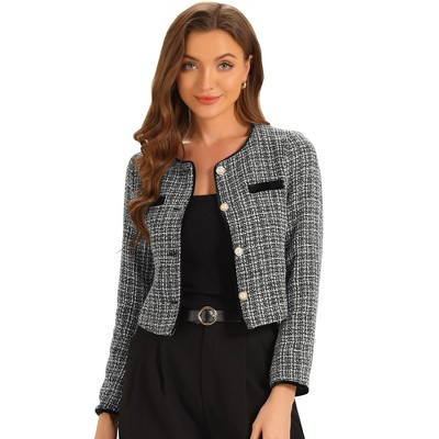 INSPIRE CHIC Women's Elegant Contrast Piping Round Neck Button Front Long Sleeve Tweed Blazer Black-White Medium | Target